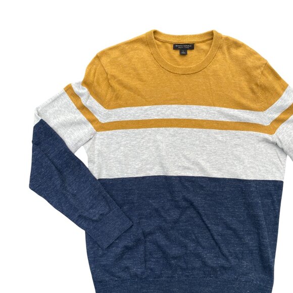 Banana Republic Men's Organic Cotton Striped Sweater Mustard Gold Blue Preppy-L - Picture 4 of 9